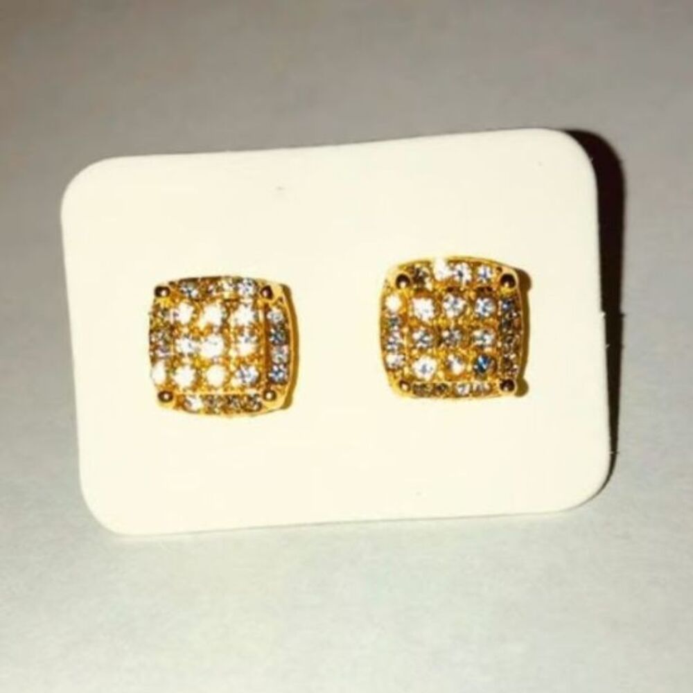 Gold Filled Square Stud Earrings White Sapphire Cube Sparkle Minimalist Unisex
